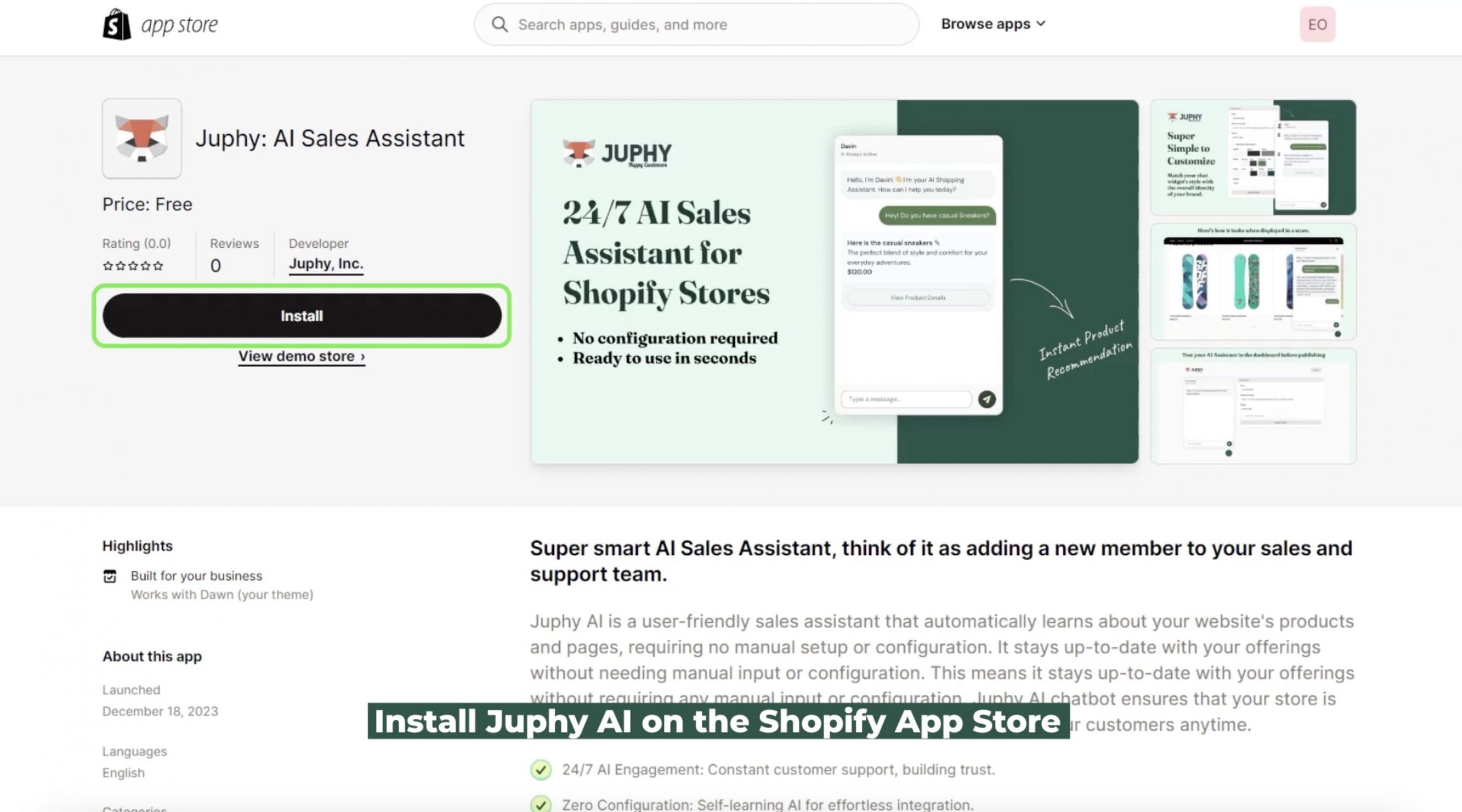 In just two minutes, you can connect your Shopify store to Juphy AI, and test the Shopping Assistant as many times as you like before publishing it on your website.