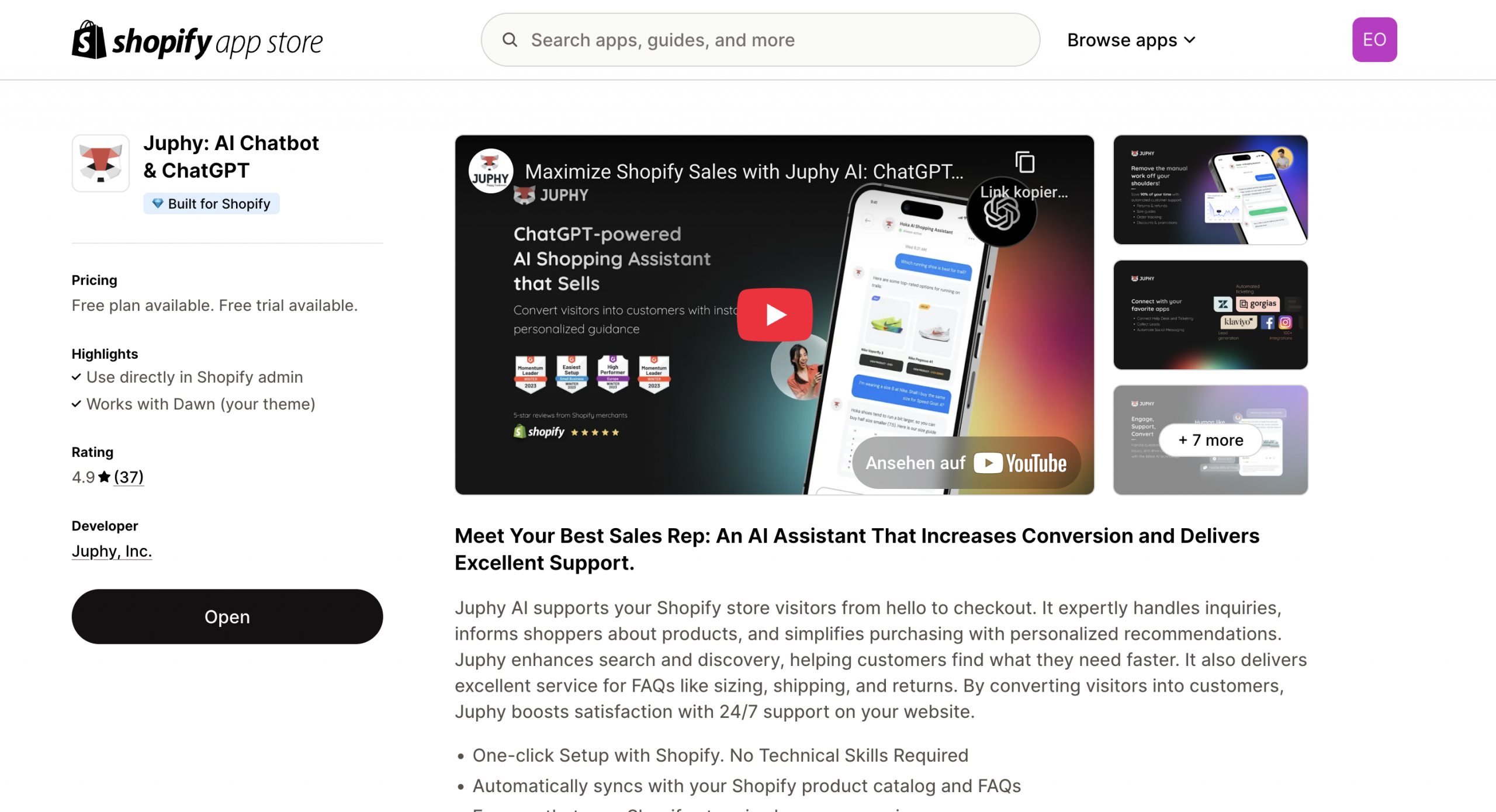 Juphy AI's Shopify app store page.