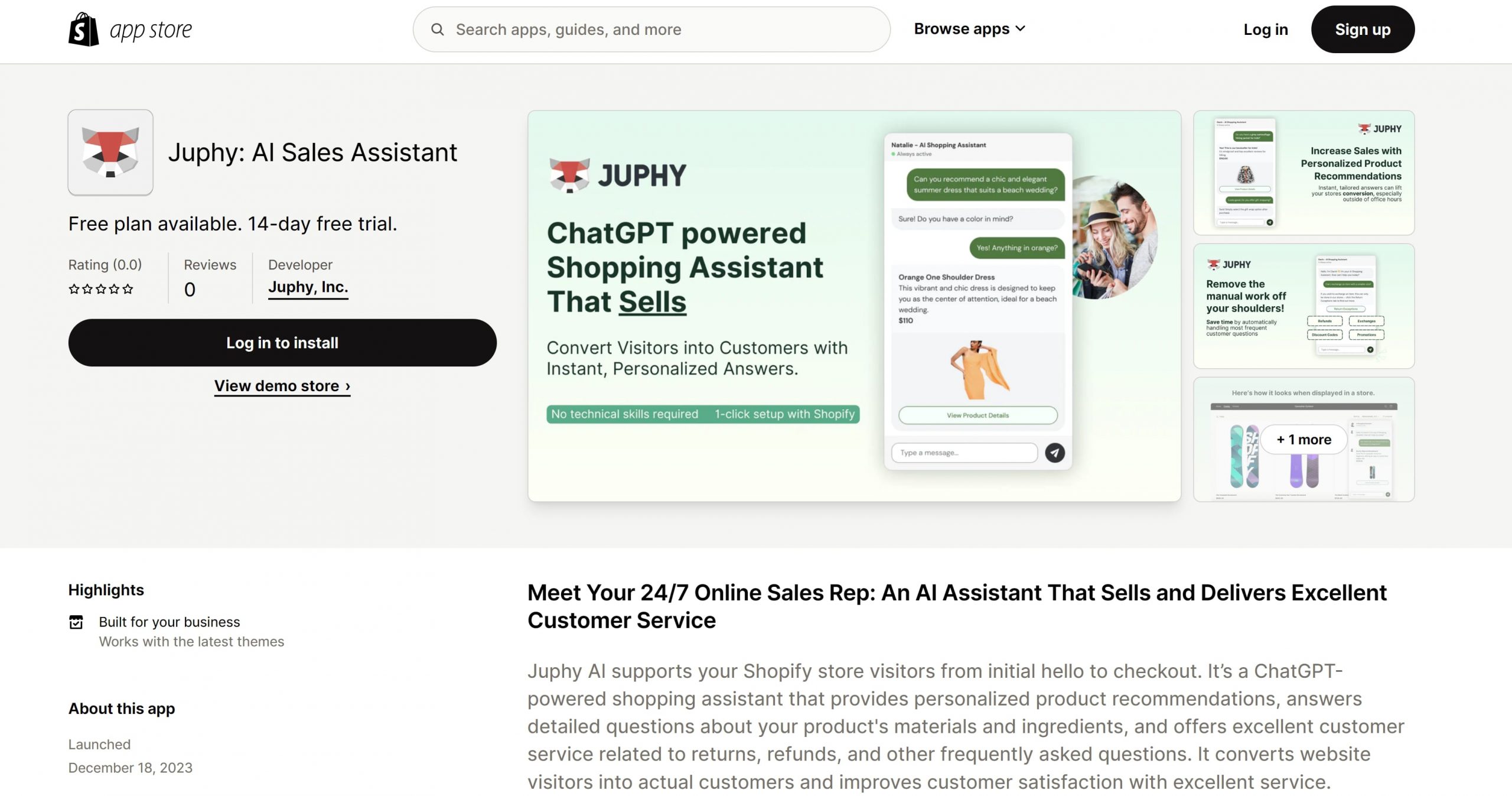 Juphy AI's Shopify App Store page