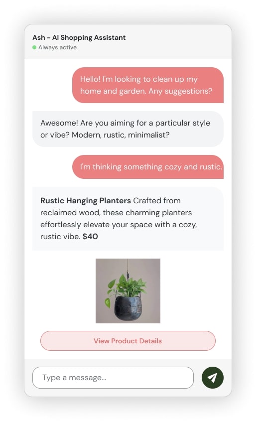 Juphy AI recommends a planter to a customer based on the query.