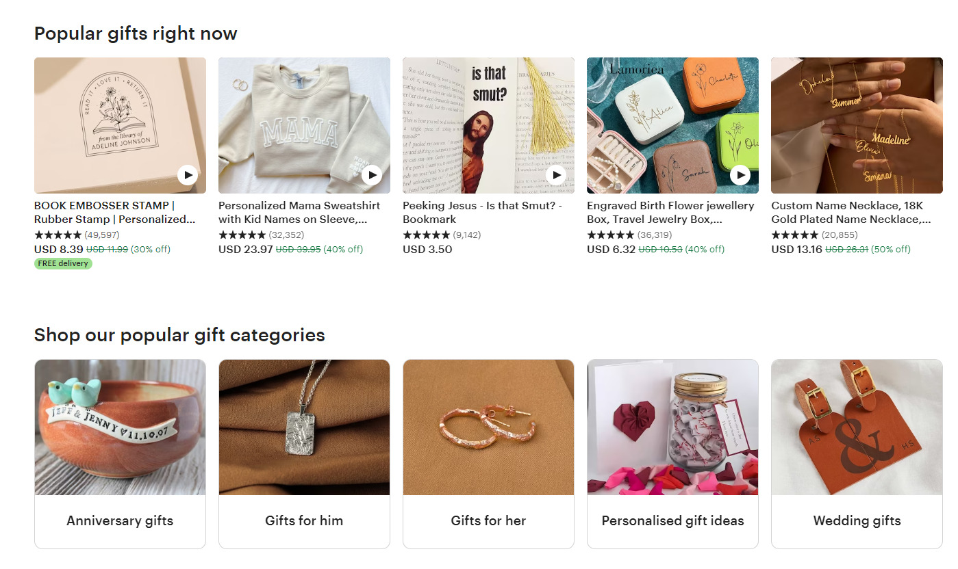 A variety of products from different stores on Etsy