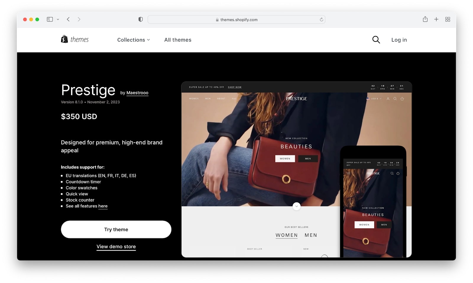 Shopify theme, “Prestige”