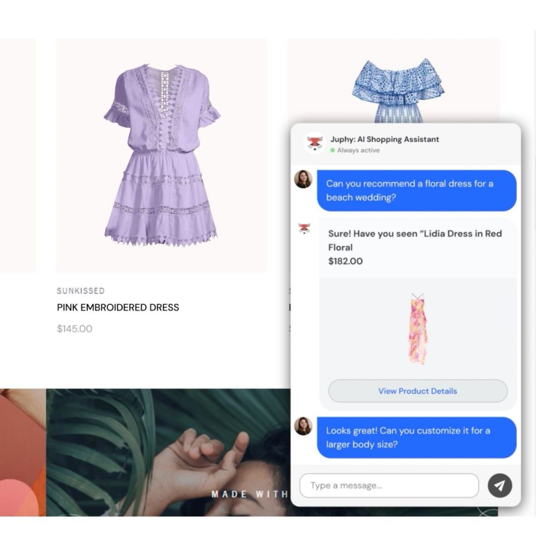 Image of Juphy AI recommending a dress to a customer based on the query on a fashion page.