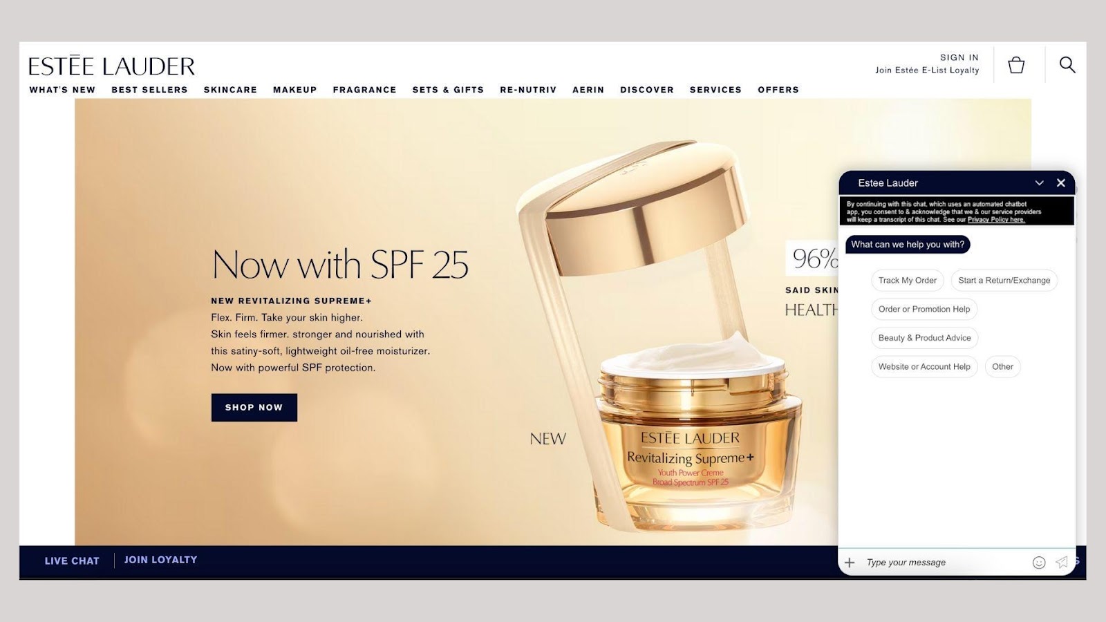A screenshot from Estee Lauder’s website shows a conversation with its chatbot.