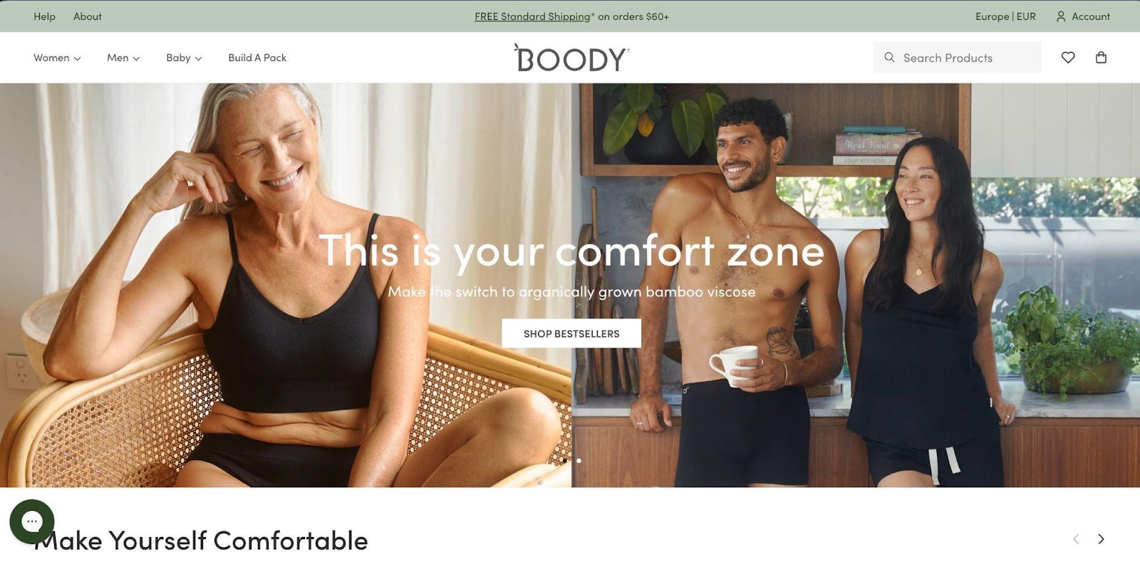 Boody tells a story of comfort with its soft colors, lively photography, and accompanying text.