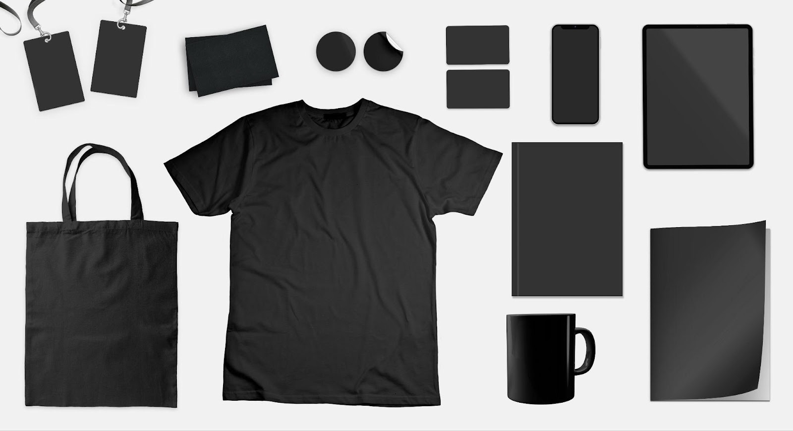A collection of black, unbranded products, ready to be printed on demand.