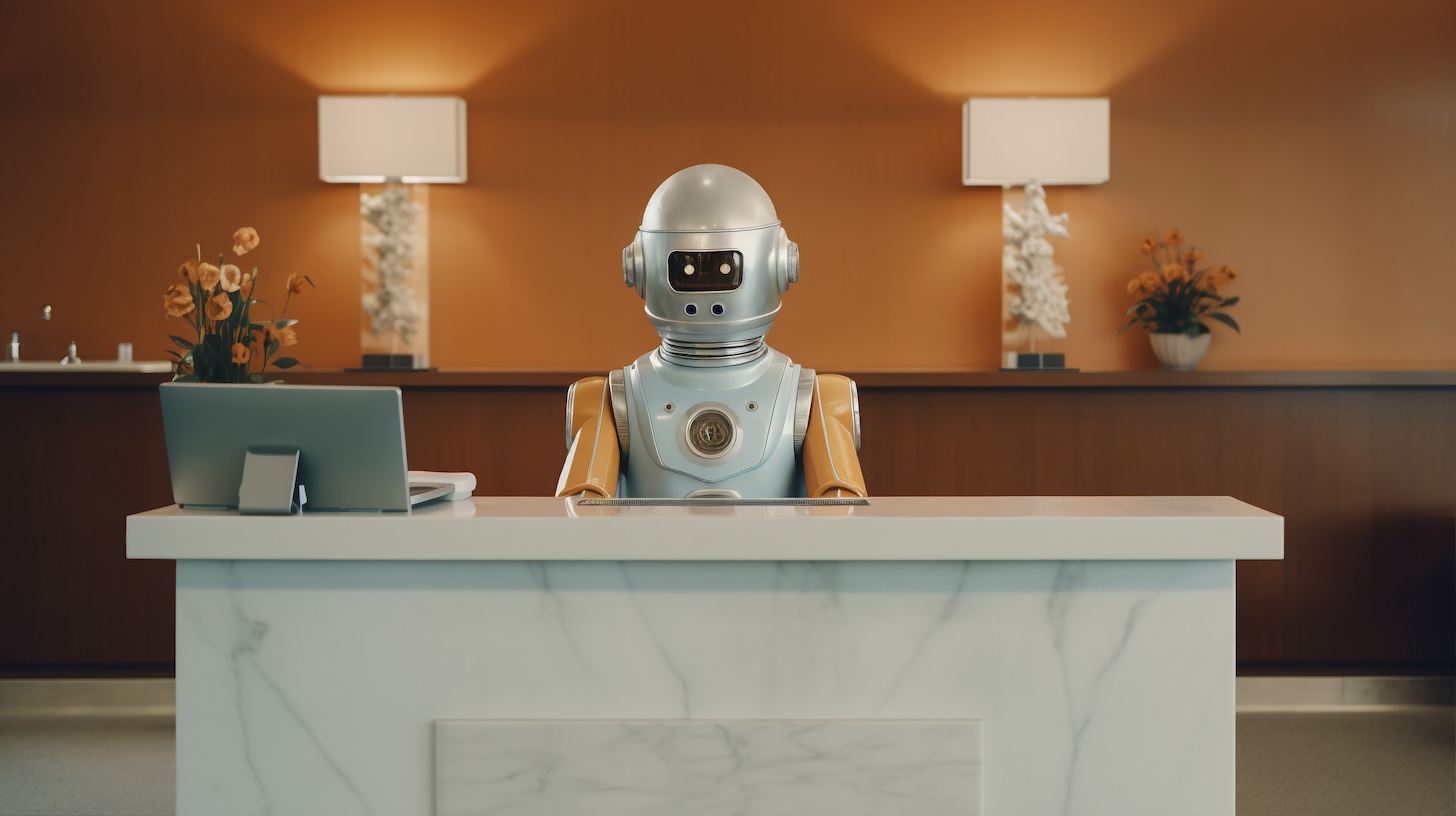 Visual of a robot waiting for customers on a help desk.