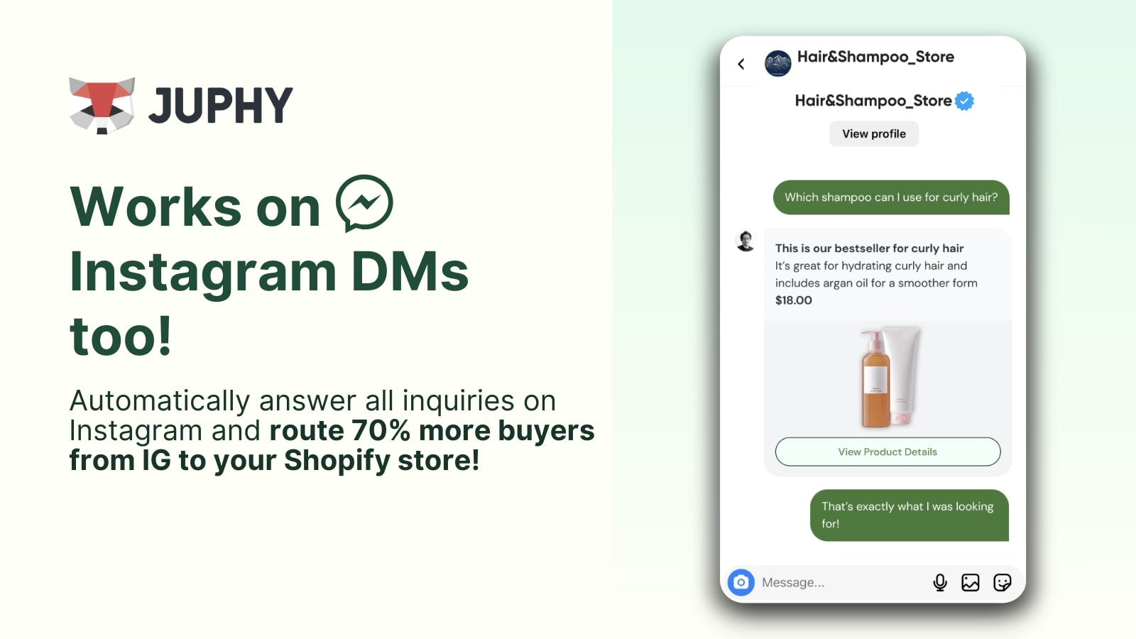 You can streamline product inquiries in your DMs while guiding potential customers to your Shopify store.