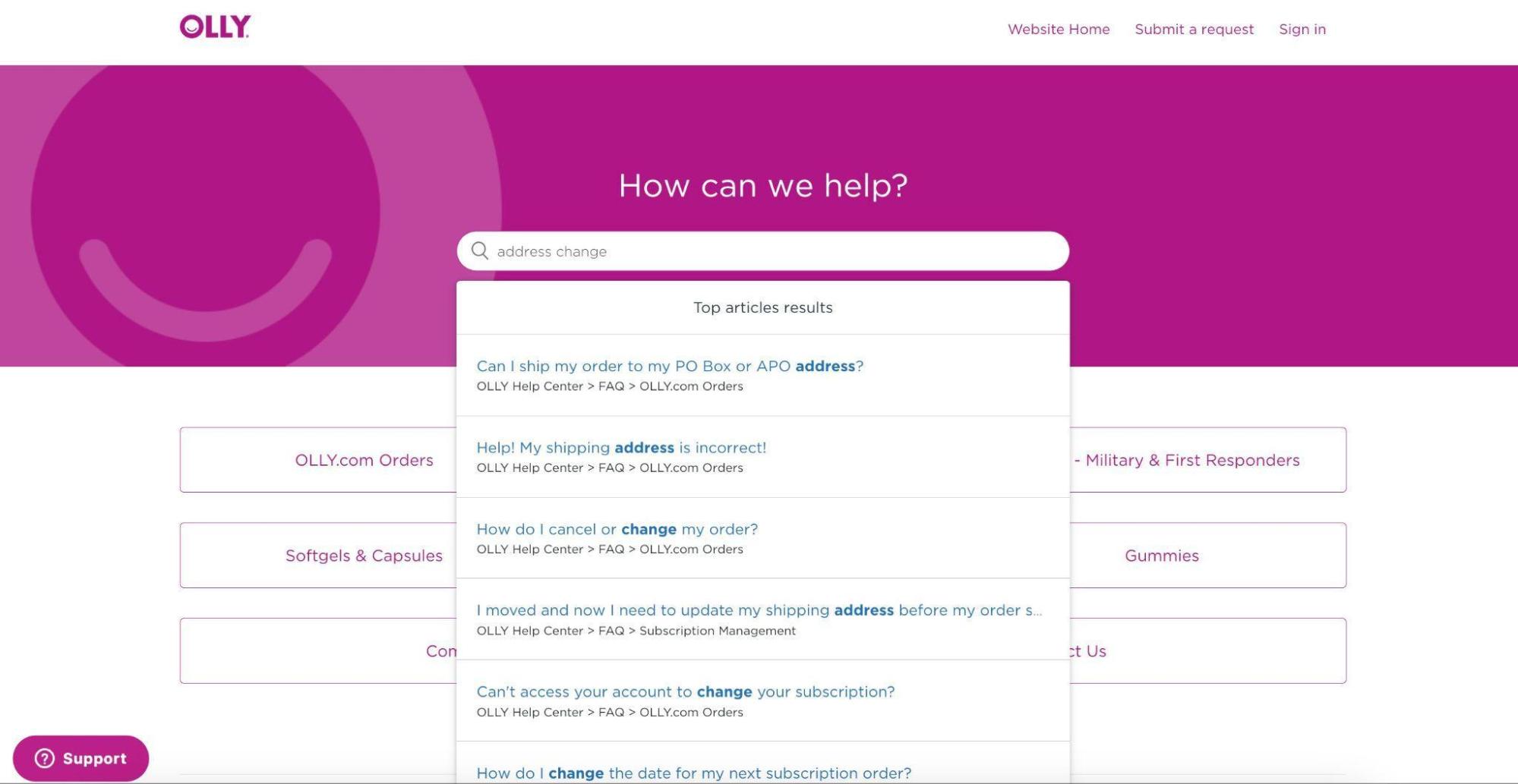 Screenshot from Olly.com’s Help Center