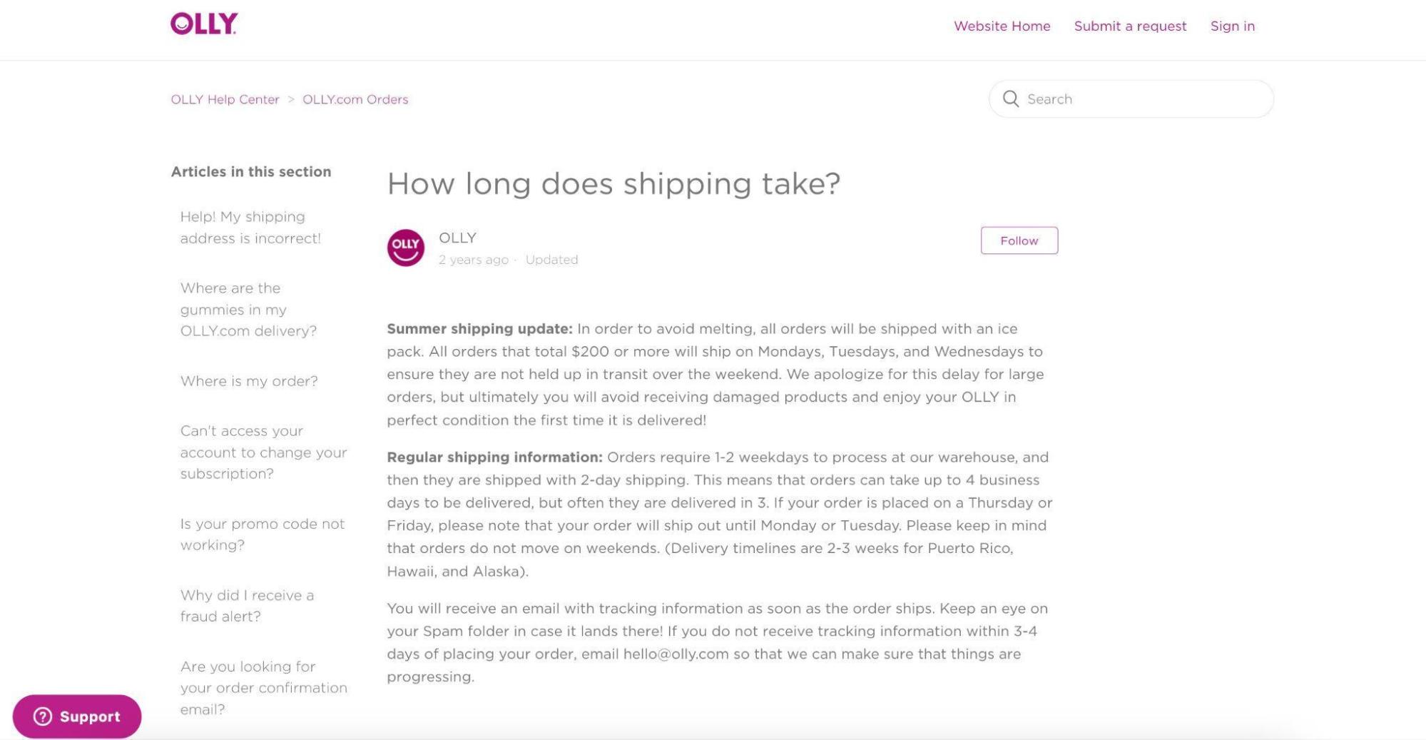 Screenshots from Olly.com detailing return and shipping policies.