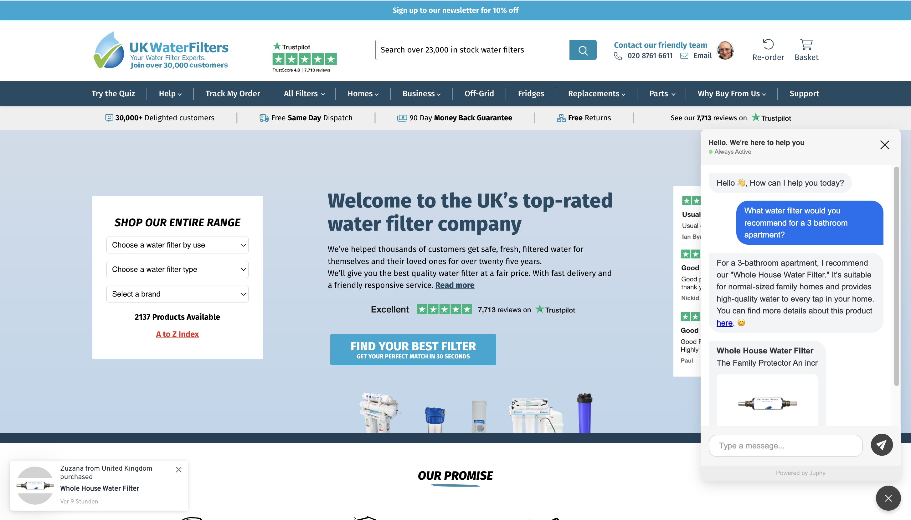 UK Water Filters website with Juphy AI