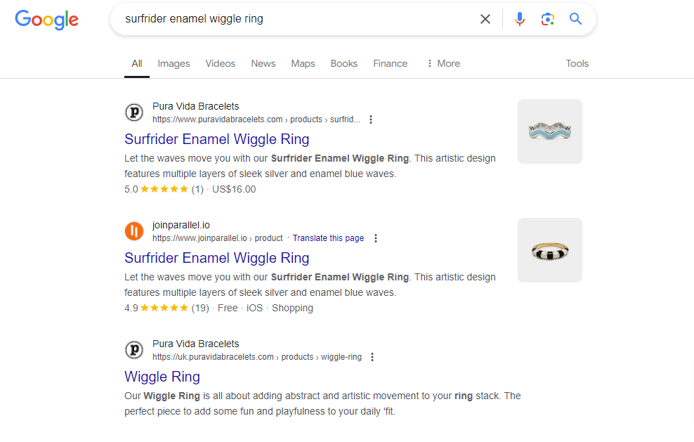 Image of SERP results for a ring related to Pura Vida's product.