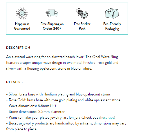 Image of Pura Vida's product description page.