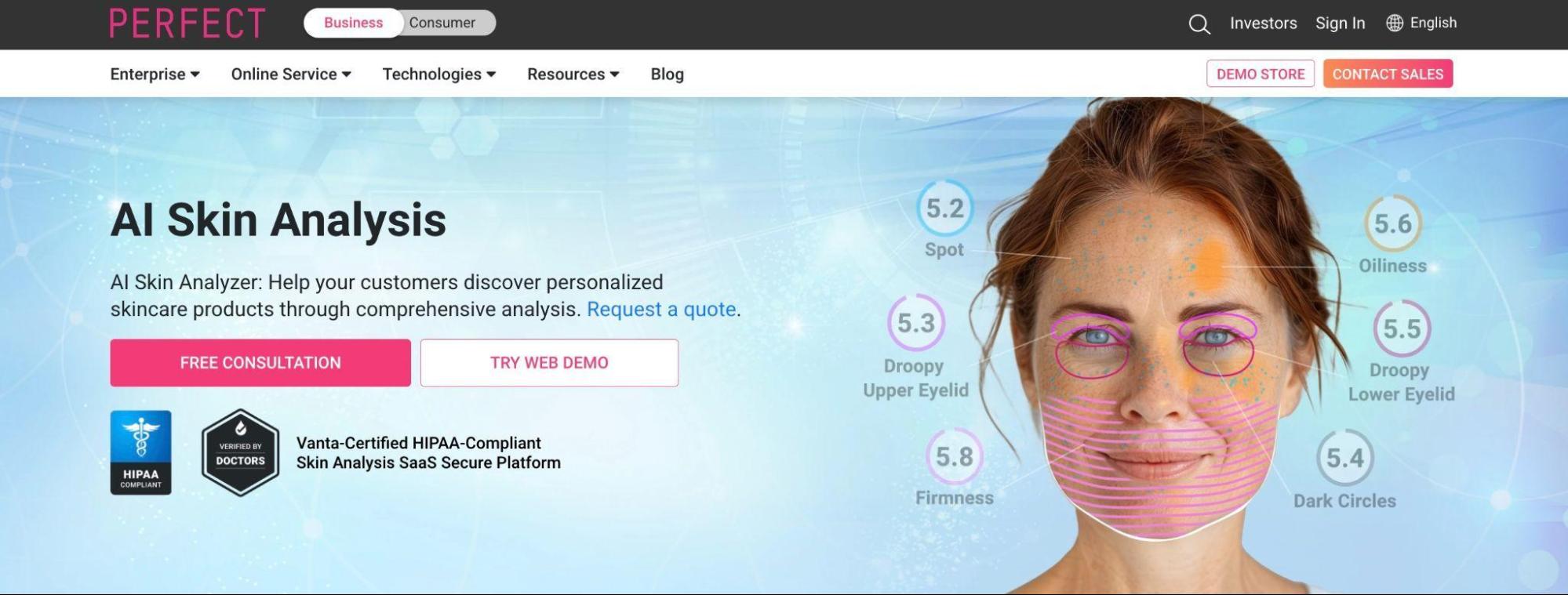 Screenshot showing AI Skin Analysis from Perfect Corp.’s website.