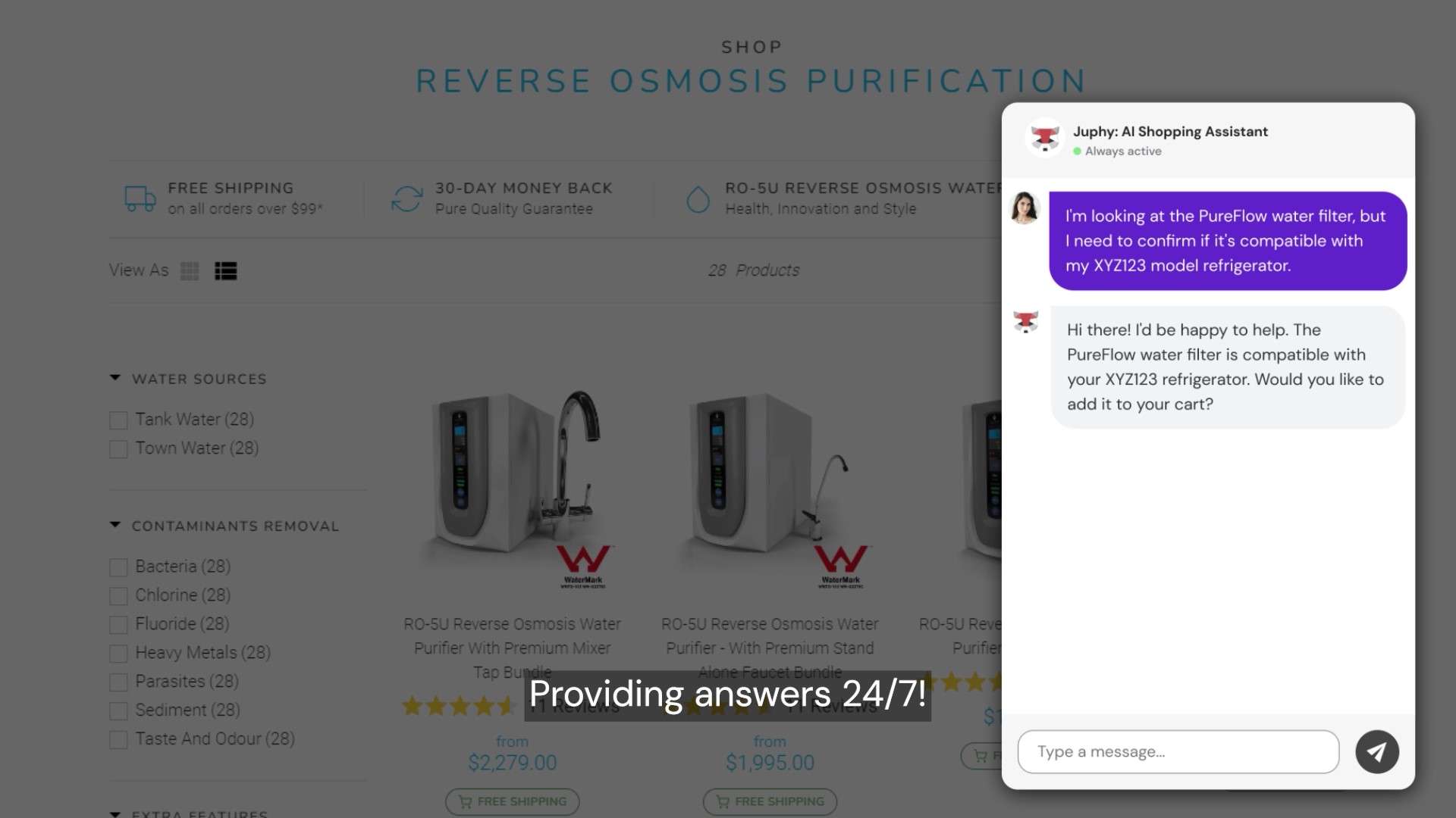 Juphy AI assists a customer with a compatibility query on a water filter page.