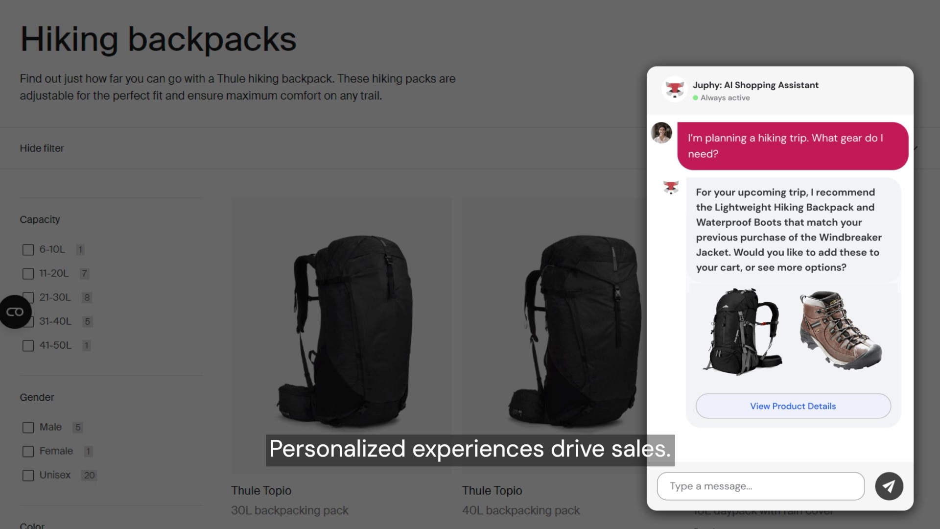 Juphy AI provides personalized product recommendations about outdoor products to a customer.