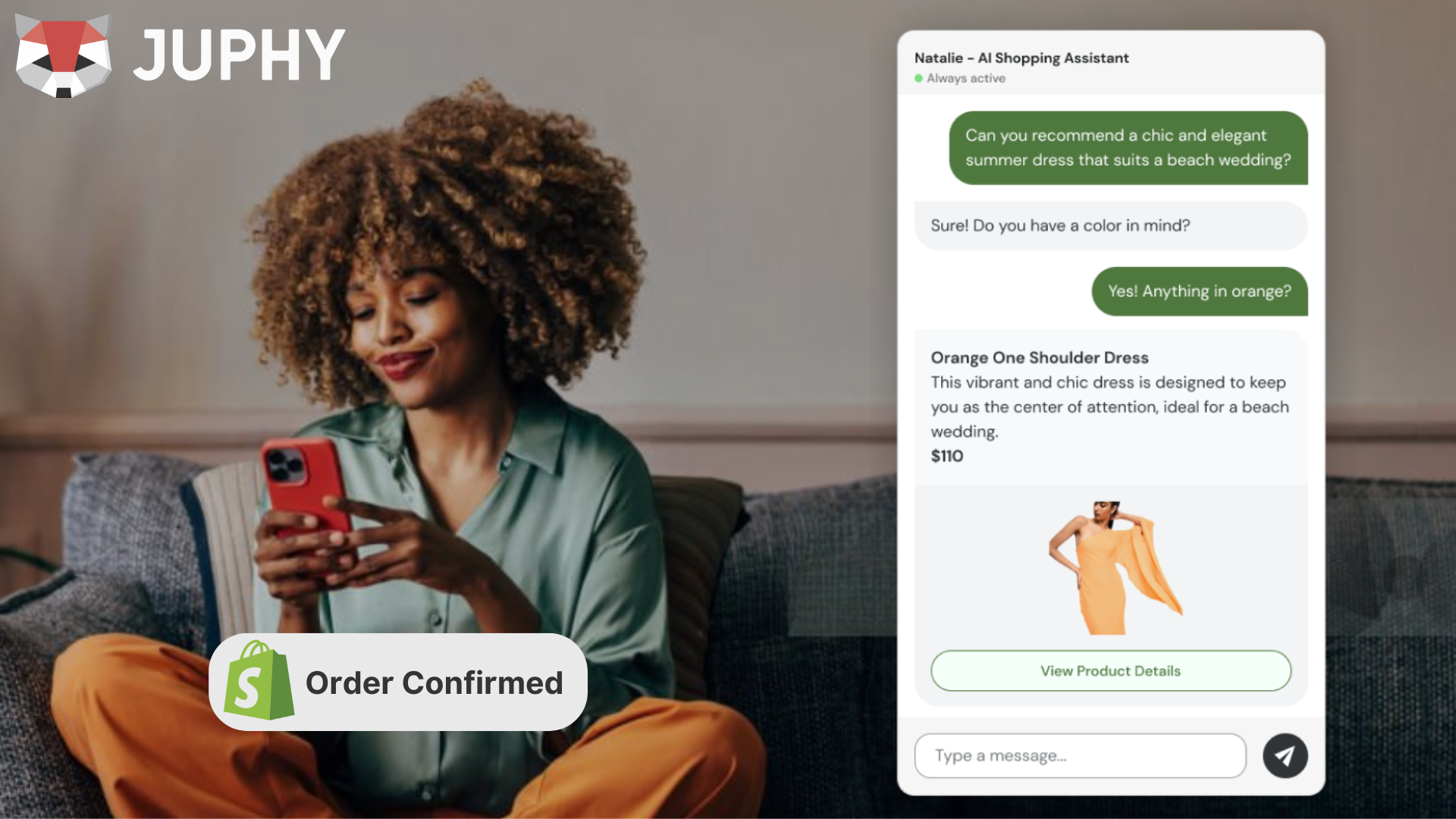 Image of Juphy AI assisting and recommending a dress to a customer.