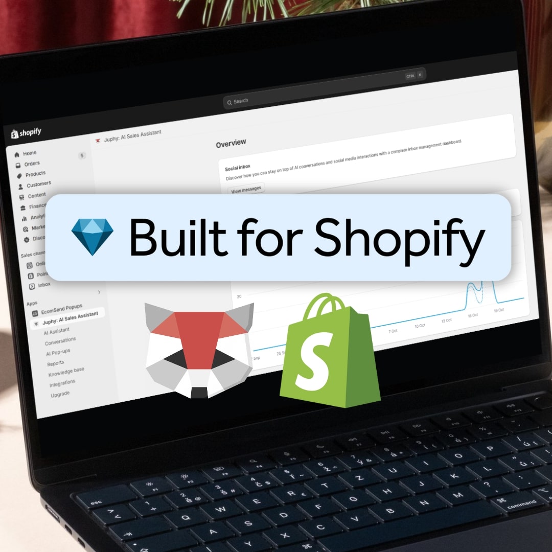 Juphy AI, a 'Built for Shopify' solution, integrates into your Shopify dashboard.