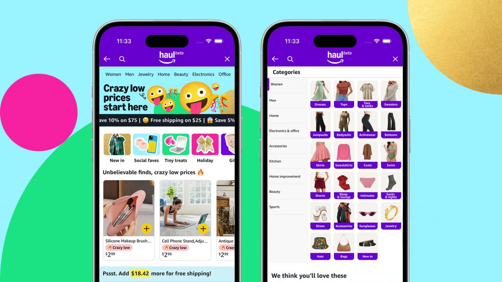 Amazon Haul's design is inspired by social media, featuring fun, engaging elements.