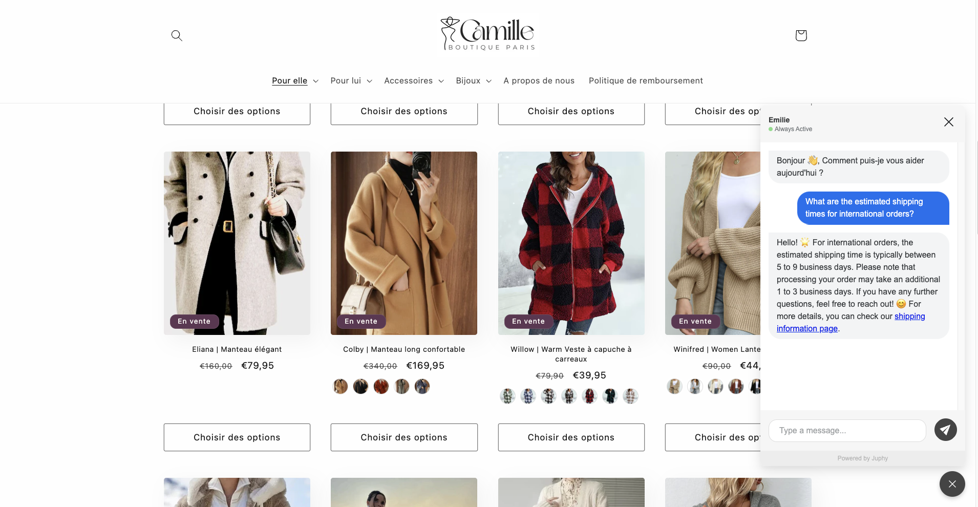 Juphy AI handling a shipping query on Camille Boutique Paris's website.