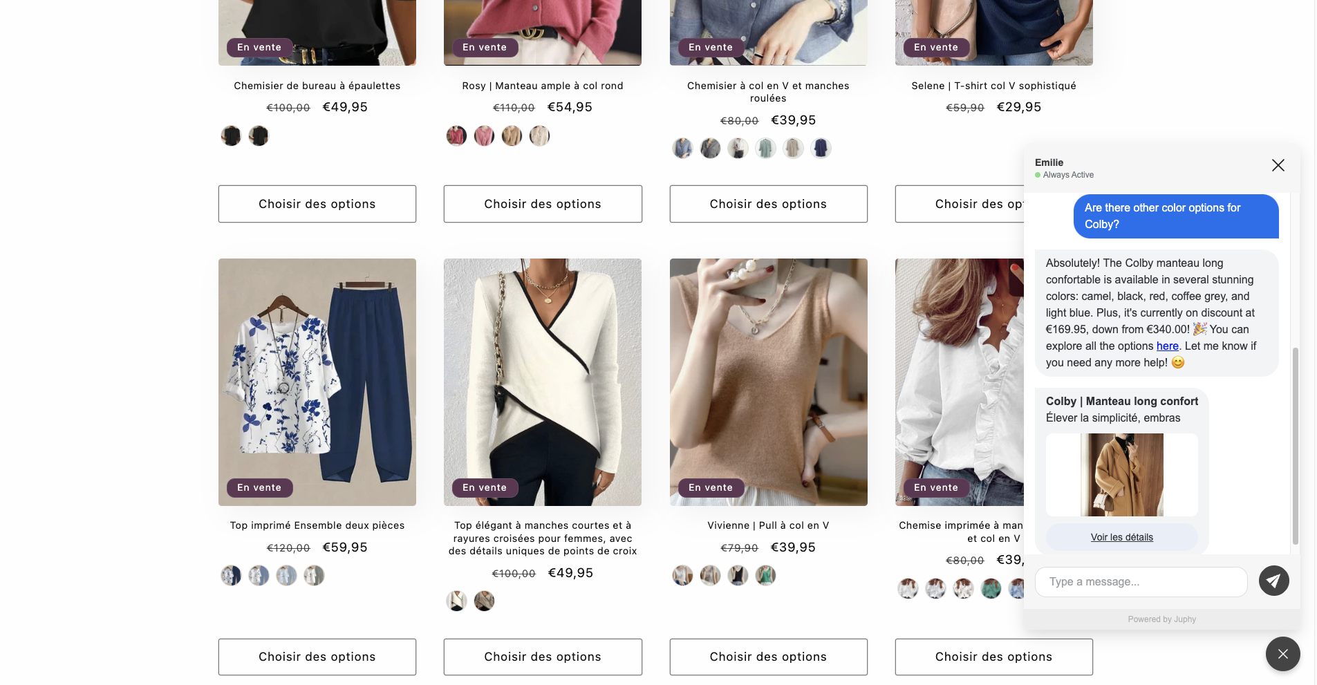 Juphy AI assists a customer with a product color query on Cammile Boutique Paris' website.