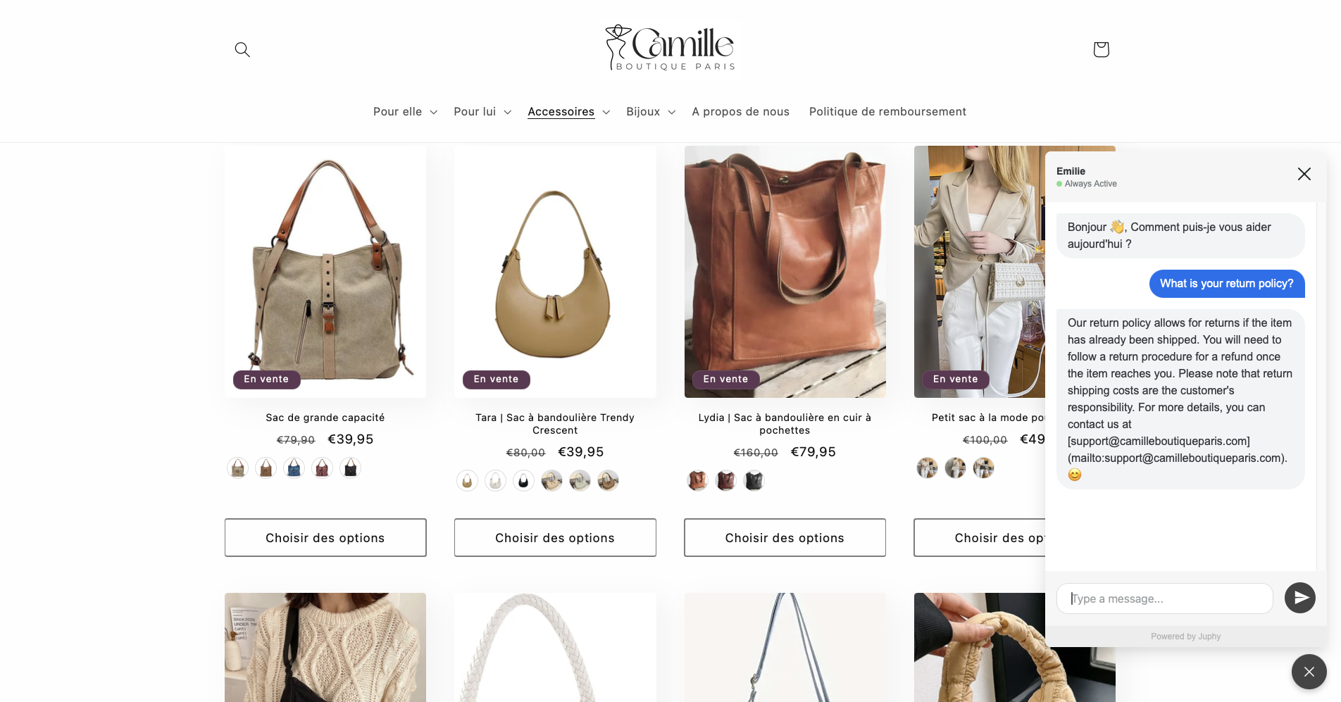 Juphy AI assists a customer about the return policy on Camille Boutique Paris' website.