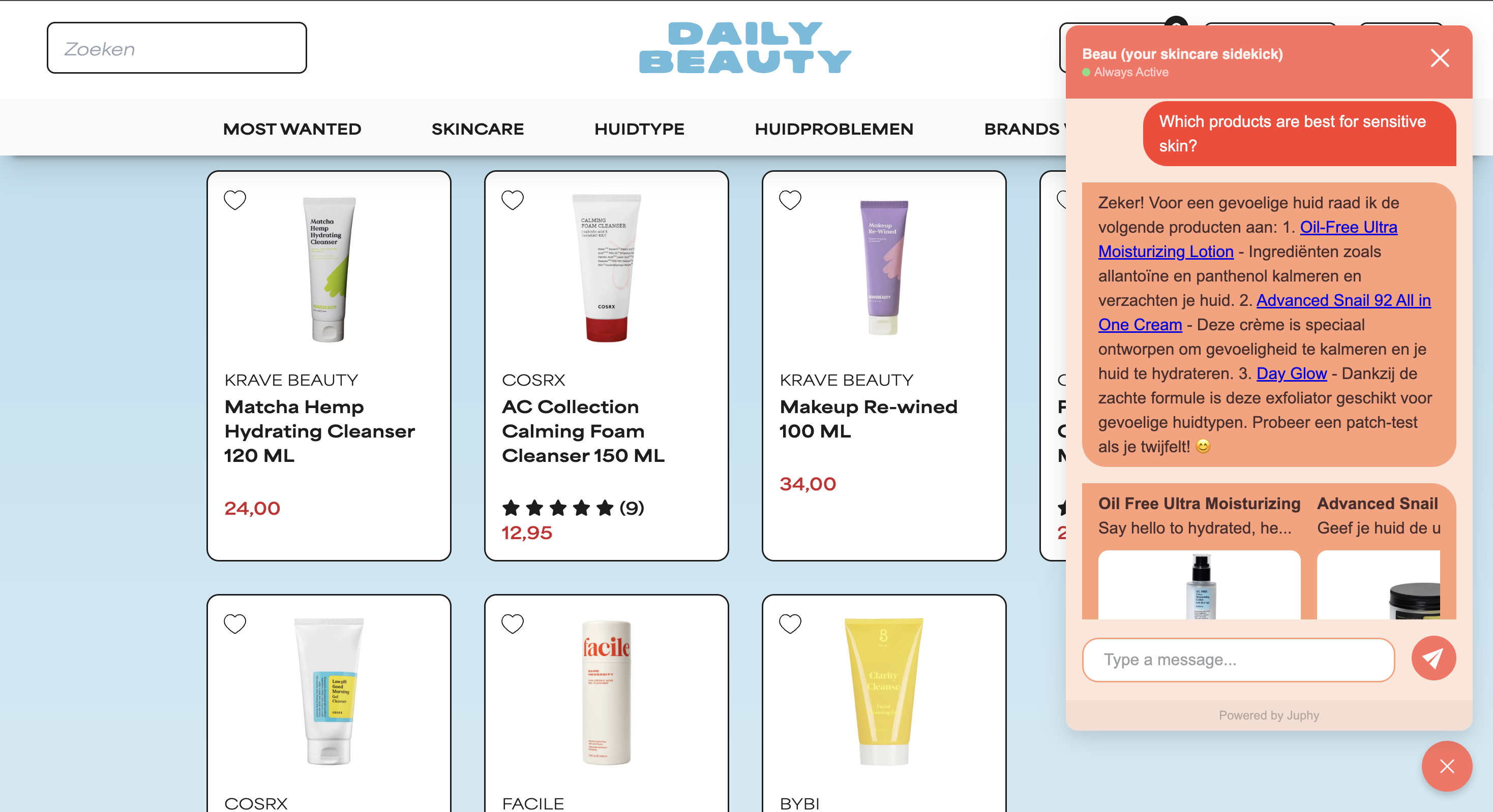 Juphy AI recommends products to a customer on Daily Beauty's website