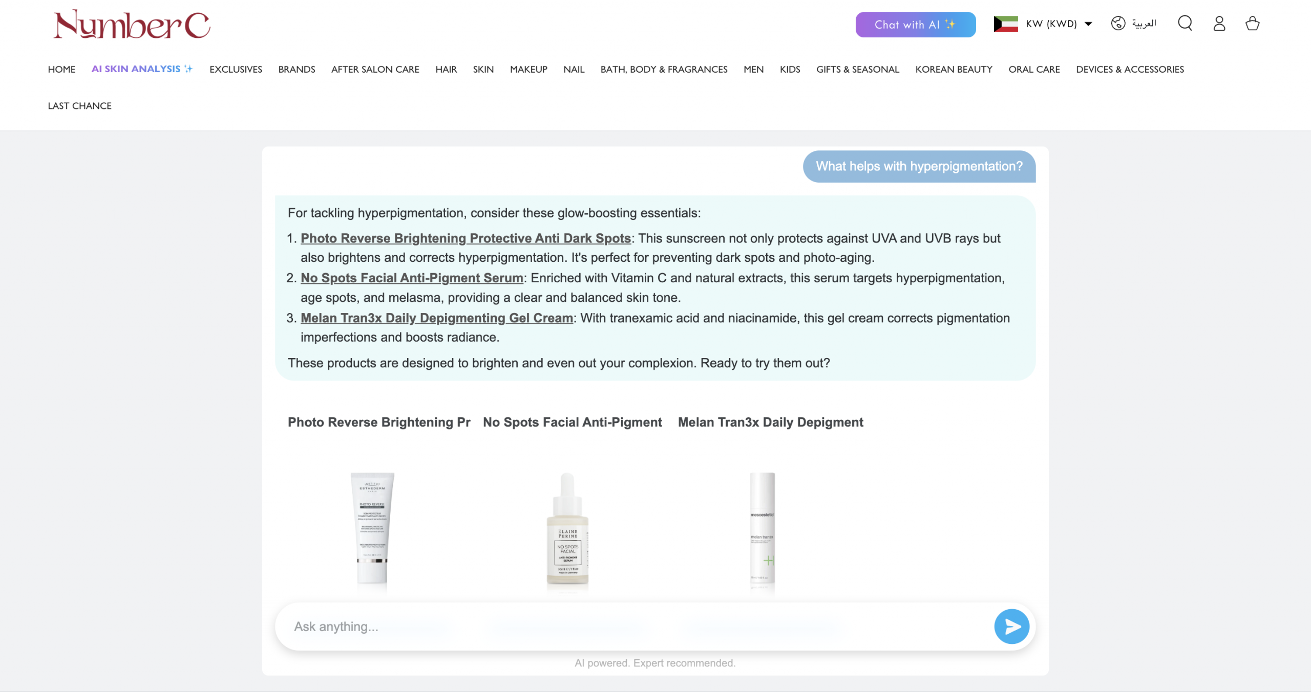 Juphy AI on NumberC's website recommending products to a customer