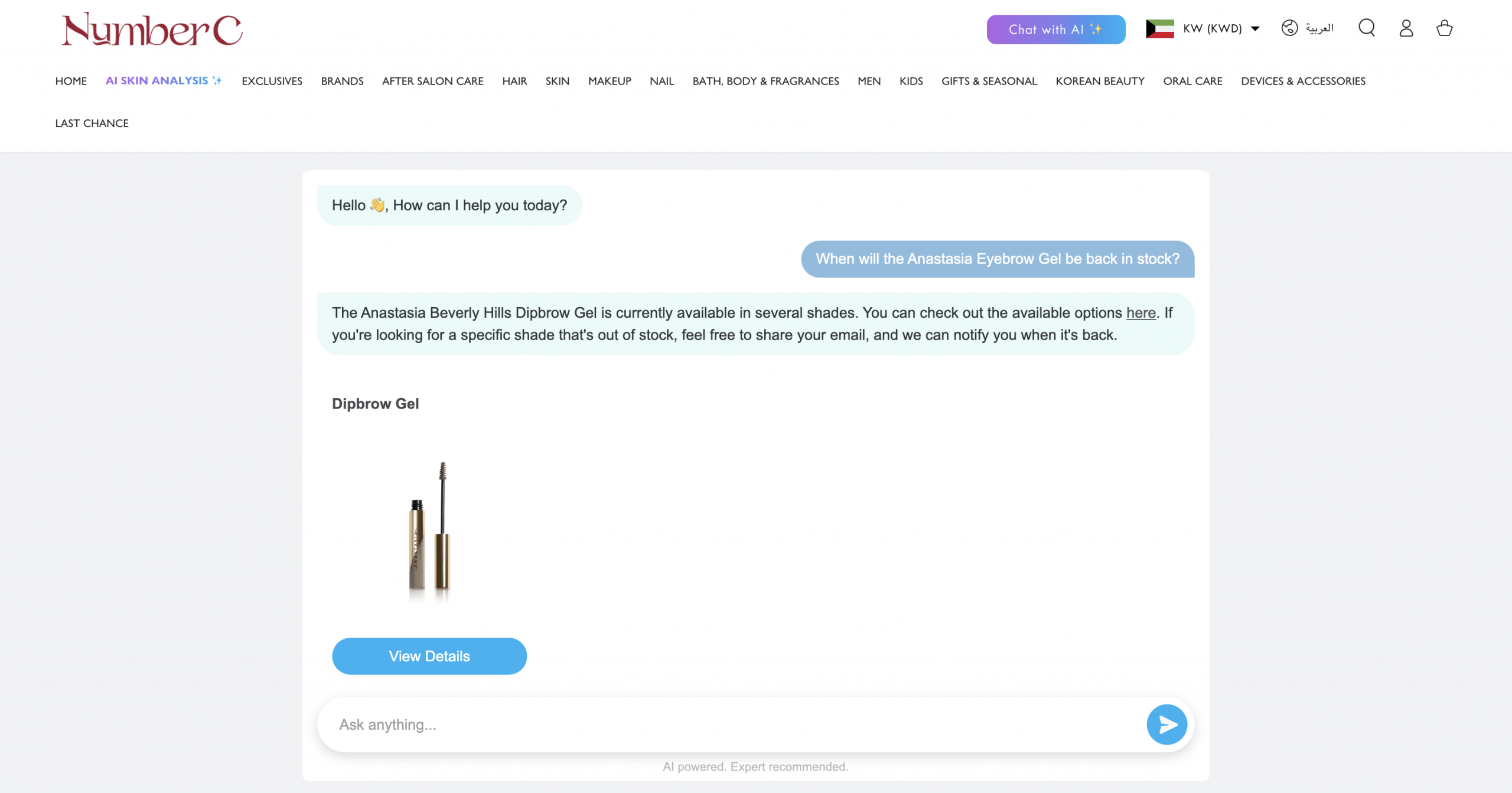 Juphy AI on NumberC's website assisting a customer with product availability