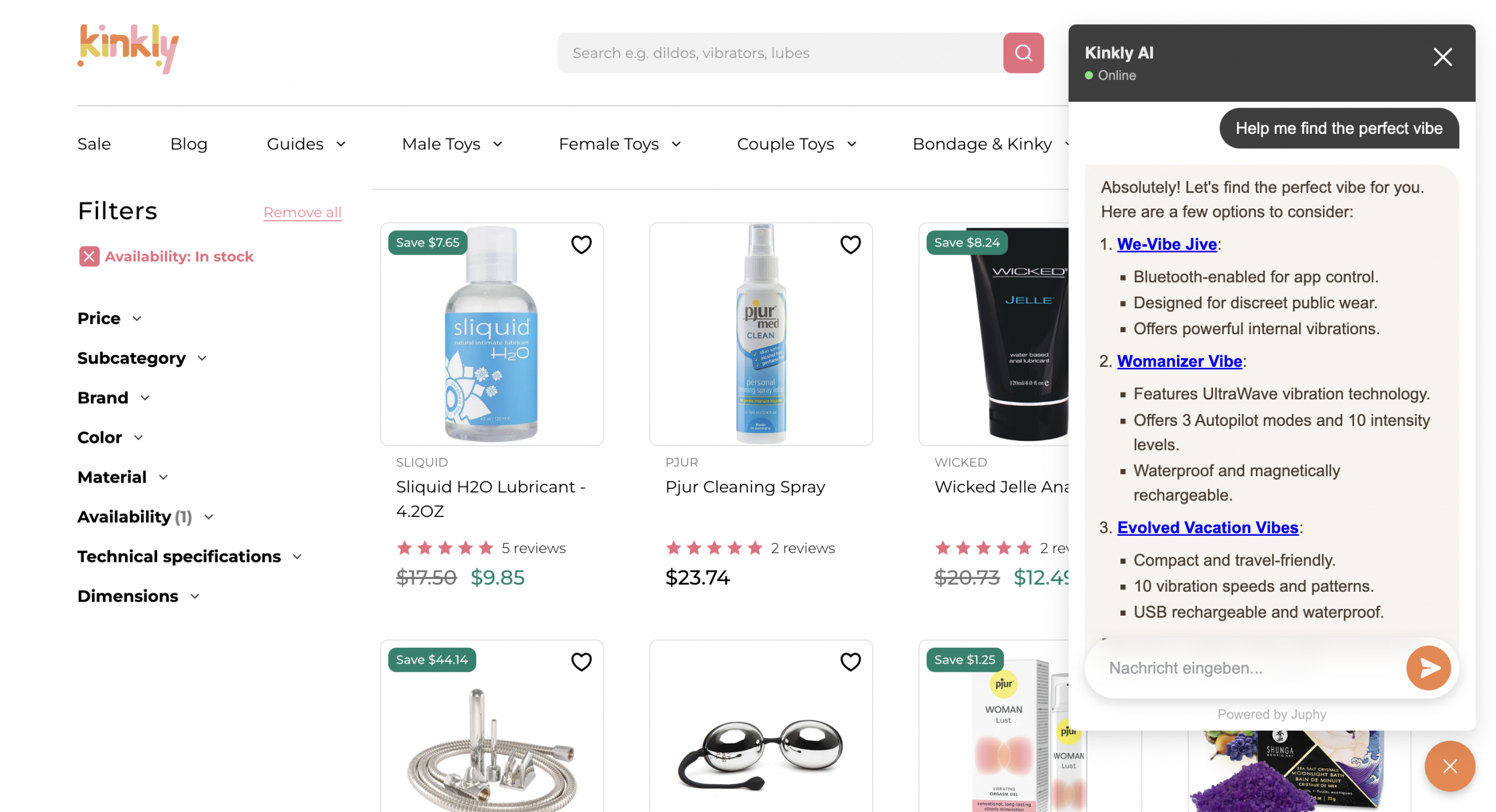 Juphy AI assisting a customer on Kinkly's website