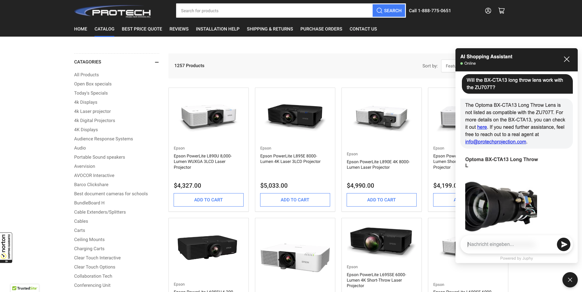 Juphy AI assisting a customer on Protech Projection's website