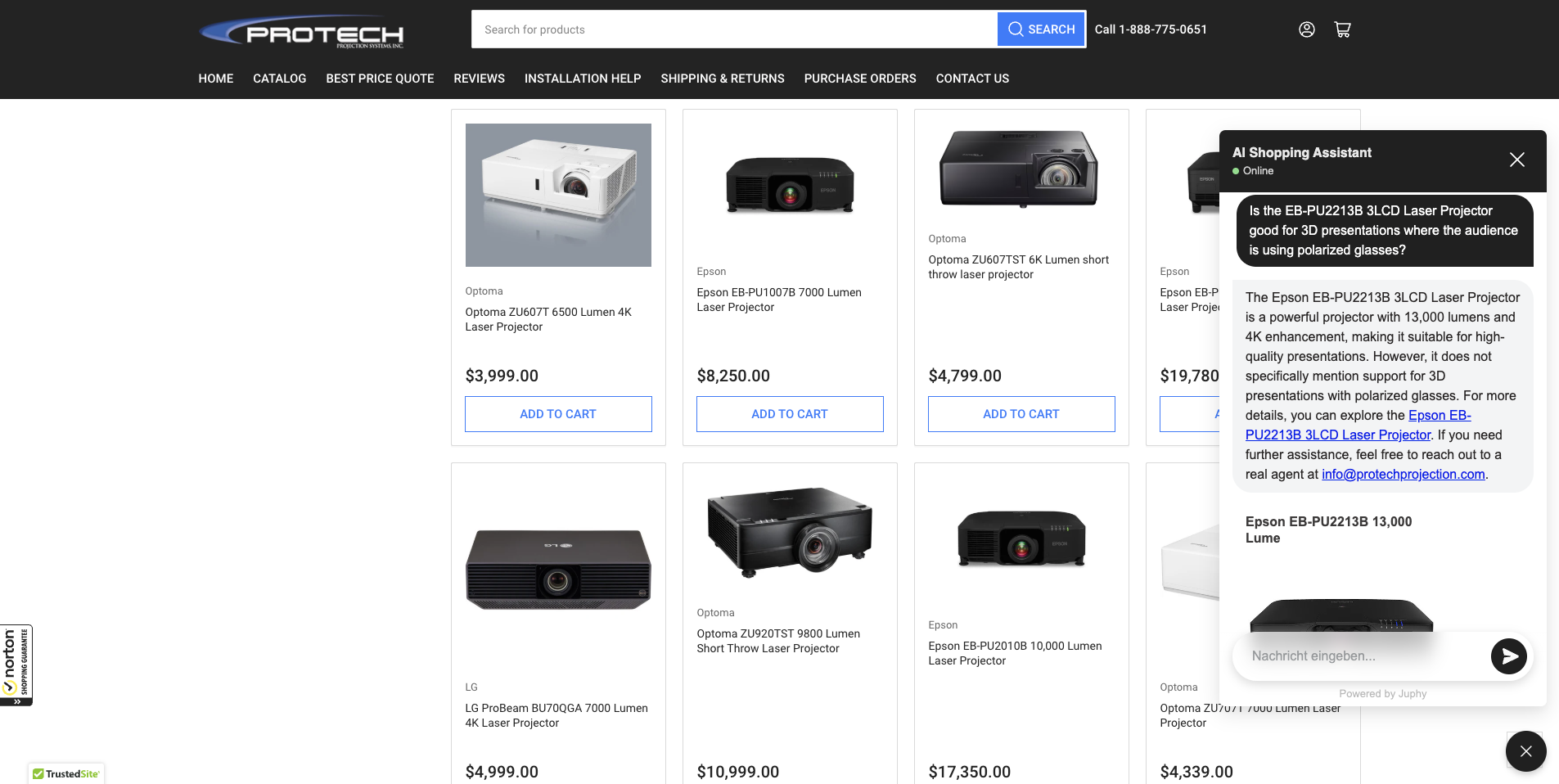 Juphy AI guiding a customer on Protech Projection's website