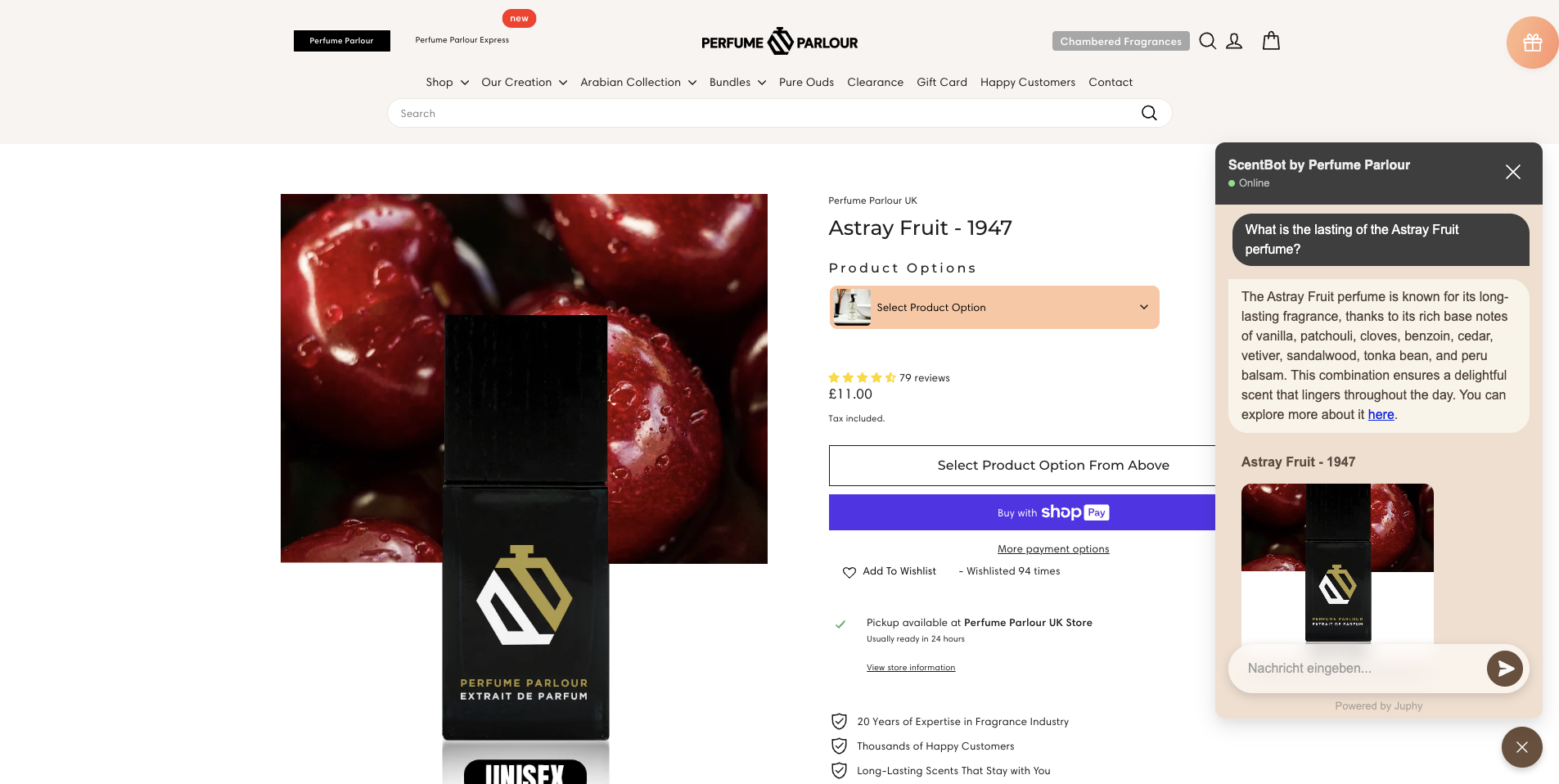 Juphy AI assisting a customer on Perfume Parlour's website