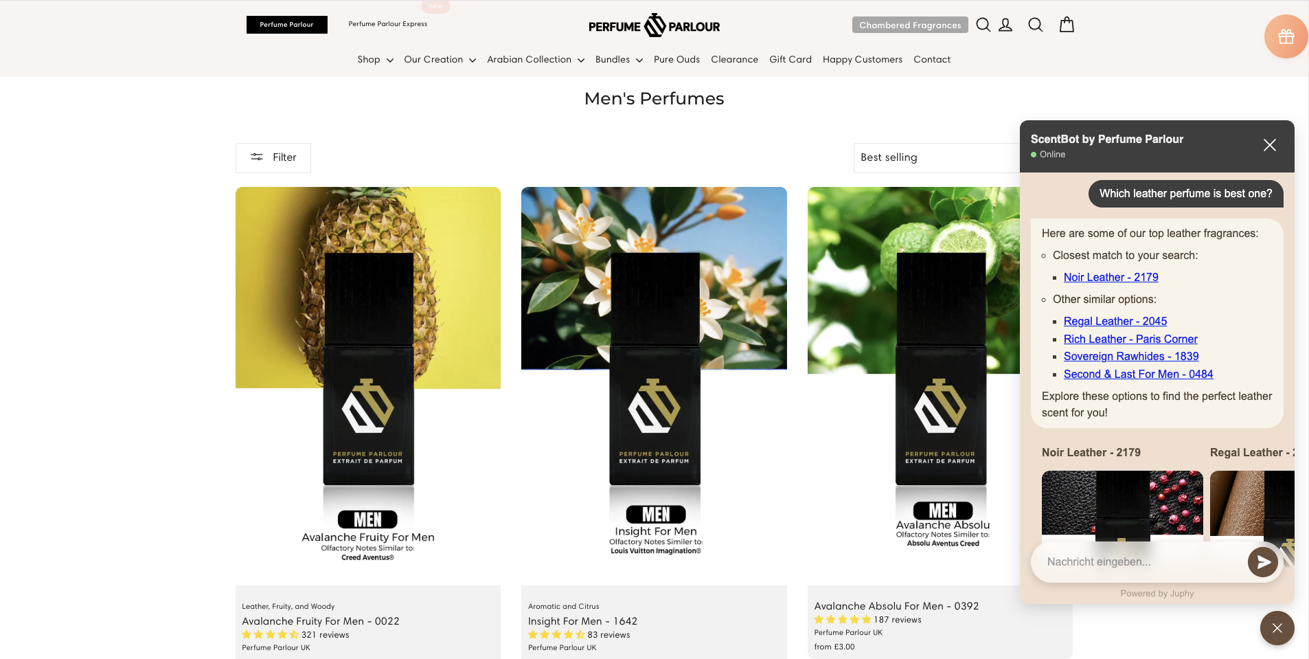 Juphy AI recommending products to a customer on Perfume Parlour's website