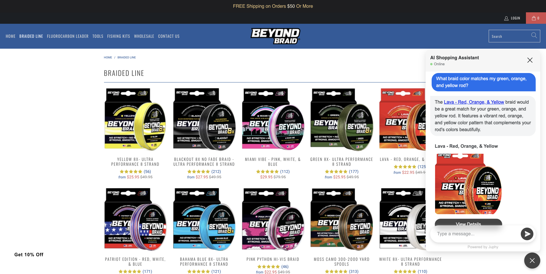 Juphy AI recommending a product to a customer on Beyond Braid's website