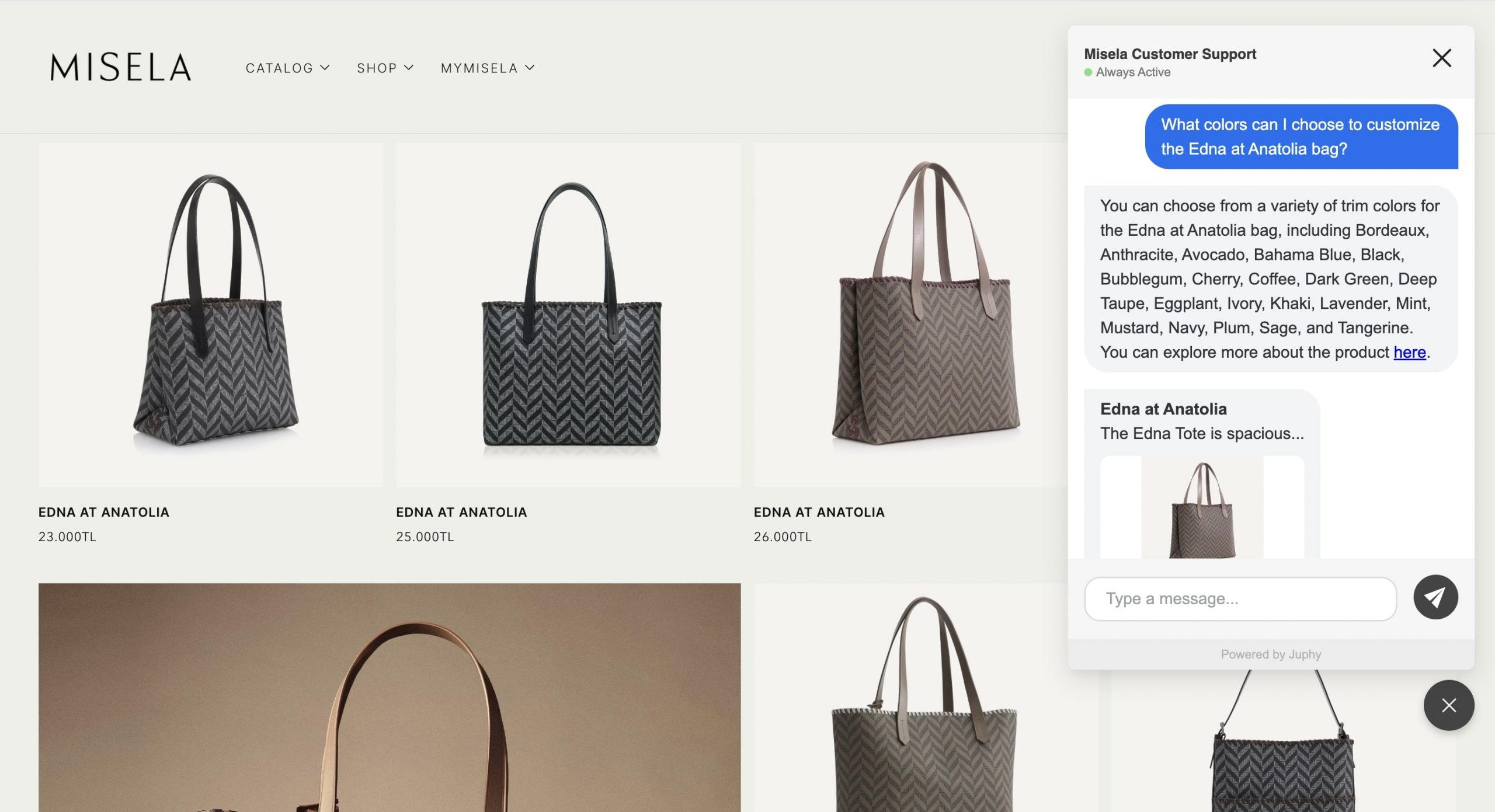Juphy AI assisting a customer on Misela's website