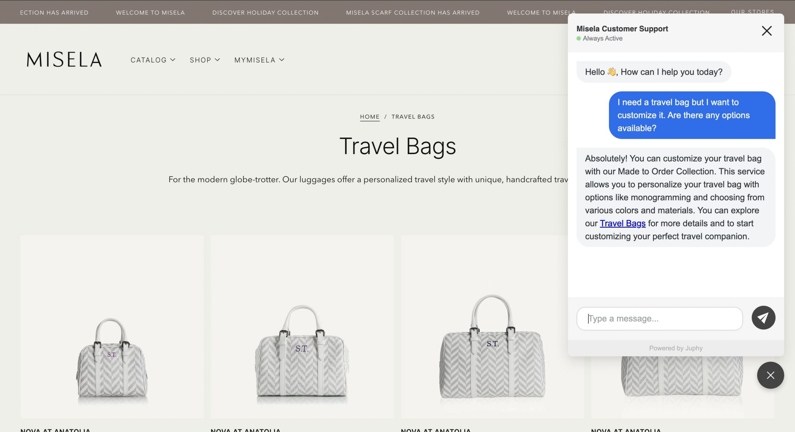Juphy AI recommending a product to a customer on Misela's website